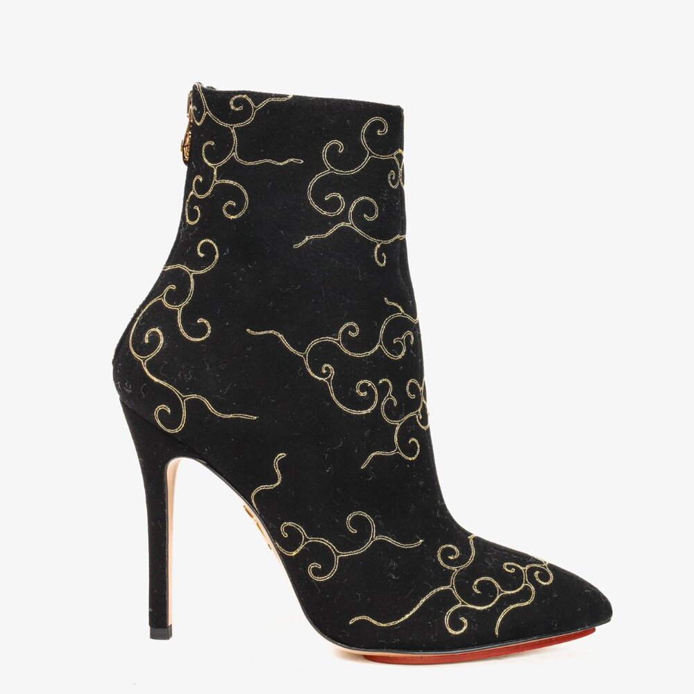 Charlotte Olympia Betsy Black Gold Embroidered Stiletto Boots